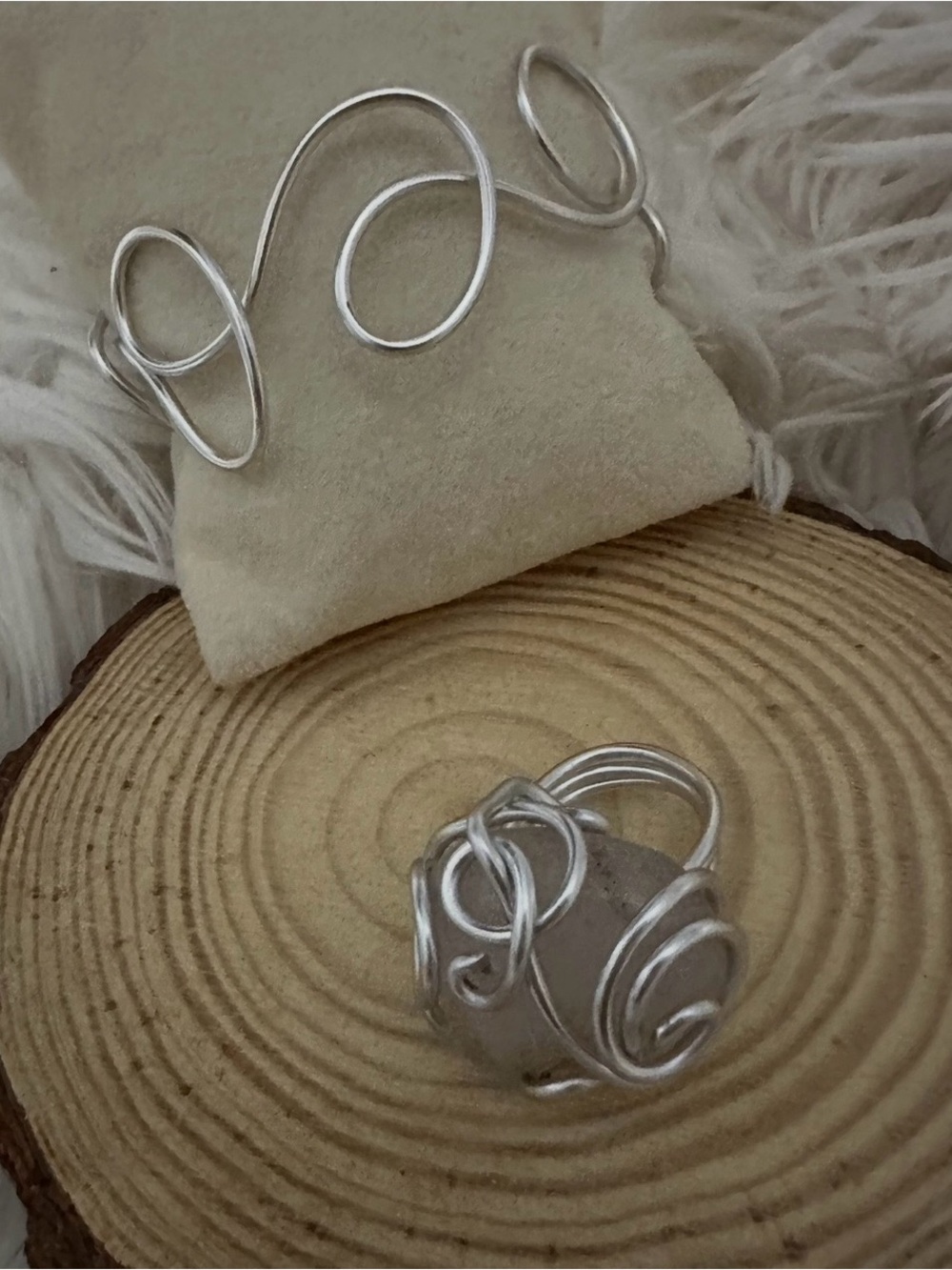 Handcrafted Silver Wire Swirl Ring and Cuff Set - Silver glass stone in offwhite